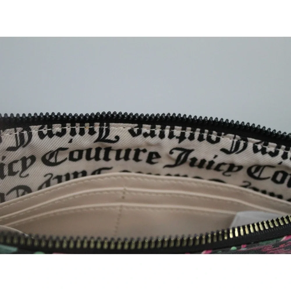 Juicy Couture Floral Wristlet Clutch Black Pink Bow Heart Charm Card Slots NWOT